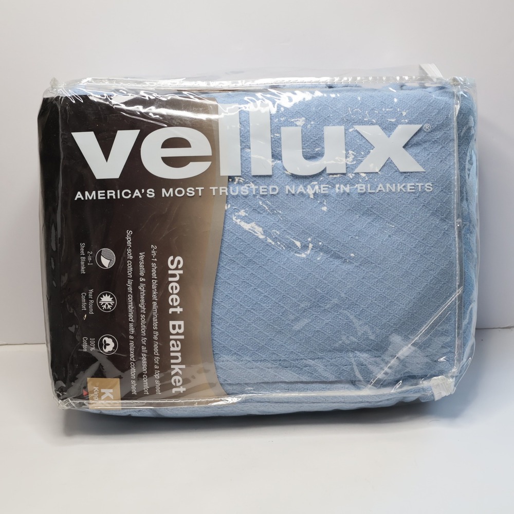 Vellux Sheet Blanket King Light Blue New 100% Cotton Textured 2-in-1 All Season